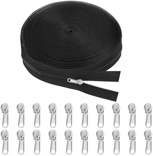 Sinofort 20 Yards Zips for Sewing, #5 Black Zip, Nylon Continuous Zippers, with 20pcs Metal Zipper Sliders for Jackets Bag Making Cushions DIY Tailor Sewing Craft Luggage Dress Sofa Pillow