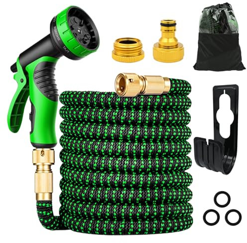 Expandable Flexible Garden Hose Magic Hose Pipes Car Washing Gardening Hose with 7 Setting Professional Water Spray Nozzle Gun (Metal connectors 75FT Green Black)