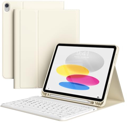 KVTVOU Keyboard Case for iPad (A16) 11th Gen/iPad 10th Gen, Cream White | Magnetic Removable Bluetooth Keyboard for iPad (A16) 11/10 Gen, Four Corners Anti-Fall TPU Shockproof Cover, Auto Wake/Sleep