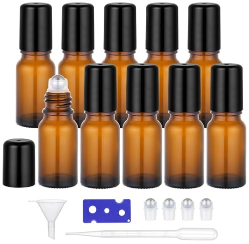 Segbeauty Roll On Aceites Esenciales, 10 Piezas 10ml Marrón Botellas Roll de vidrio, Reutilizable y Portátiles, Botellas Cristal con Bola de Acero Inoxidable, para Aromaterapia, Perfumes