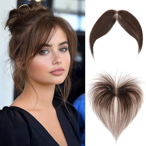 MY-LADY Frange à Clips Cheveux Naturels avec 2 Clips, 100% Cheveux Humains Remy Fausse Frange, Postiche Extension Cheveux Frange, Frange en Bang Perruque pour Femmes(Brun Moka)