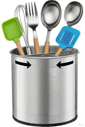 BREFR Rotating Kitchen Utensil Organiser – Weighted Base for Stability | Stainless Steel with Removable Divider | Countertop Storage for Cooking Tools