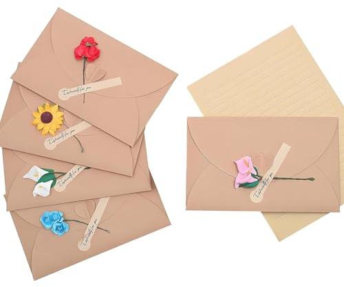 001 10 Stück Kraftpapier Briefumschläge mit 10 Stück leeres Kraftpapier Briefpapier, Bunt Umschläge mit Herz Verschluss, für Grußkarten, Einladungen, Geschenkkarten und Party Einladung