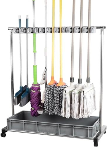 Floor Tool Storage Cart on Wheels, Broom and Shovel Holder for Garage, Outdoor Corner Garden Tool Organizer with Plastic Tray, Stand Up Mop Hanger for School ze : 9 Pole Clip