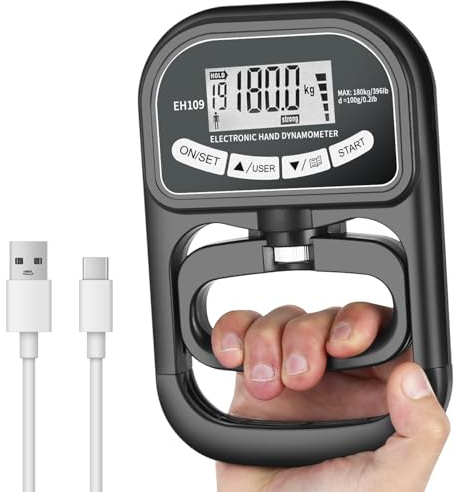 Vuxava 180 kg uppladdningsbar elektronisk dynamometer, tryckkraftstestare, digital greppstyrka testare med LCD-skärm, justerbart handtag, lämplig för idrottare, familjer och vänner