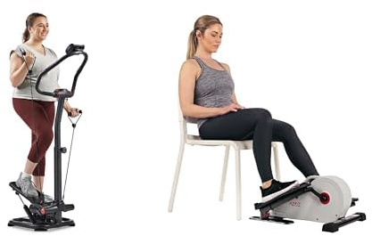 Sunny Health and Fitness Magnetic Under Desk Elliptical Peddler, Portable Mini with Resistance + 2-in-1 Power Stepper with Resistant Bands & Handlebar, Low-Impact, Height Adjustable, 150 KG Max