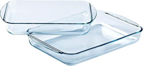 Housetronics 2 Piece Rectangular Glass Roasting Dishes, Clear Glass Roaster, Oven Baking Dish, Highly Thermal Resistant: Oven, Microwave & Dishwasher Safe, 1.5L (L26cmxW18cm) & 2L (L30cmxW20cm)