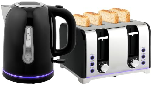 HOMCOM Kettle and Toaster Set, 1.7L 3000W Rapid Boil, 4 Slice, Black | Jug Kettle, Otter Thermostat, Limescale Filter, 7 Browning Controls, LED Strip, Crumb Tray