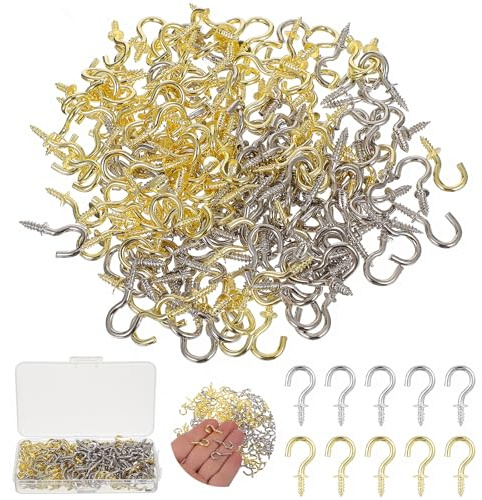 cobee 200 Pcs Small Screw Hooks, 1/2 Inch Cup Screw-in Hook Metal Twist in Hooks, Gold Silver Hook for Hanging Plants Mug Arts Decorations