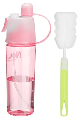sourcing map Misting Water Bottle 600ml / 20 oz Leakproof Lightweight 2 in 1 Mist & Sip Sports Water Bottle with Clearing Brush for Gym Camping Travel Cold Drink, Pink