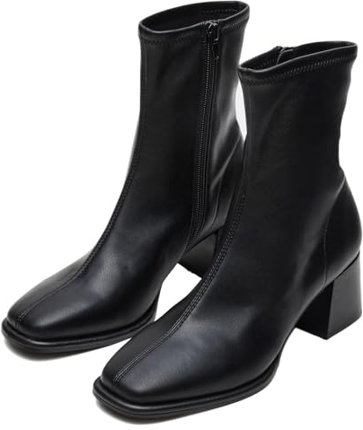 SOVANYOU Heel Booties for Women Square Toe Ankle Boots Block Chunky Heel Dressy Black Leather Short Boots with Side Zipper