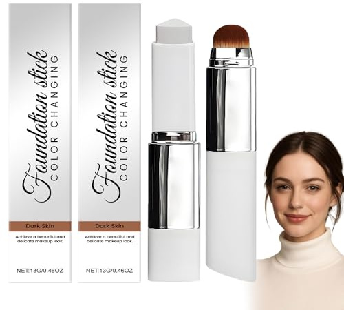 2PCS Color Changing Foundation Stick, Full Coverage Cream Foundation with Brush, Dual Ended Concealer Stick & Balm Foundation, Lightweight Hydrating Matte for Korean Makeup Looks (Dark Skin)