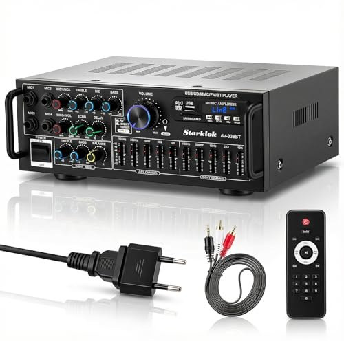 HiFi Verstärker Stereo Bluetooth Verstärker mit Fernbedienung, 2 Kanal Endstufe mit 5-Band-EQ, HiFi Stereo Audio Receiver, FM, USB, SD, AUX, Karaoke Verstärker für Heimkino Musikstudio, AC/DC 12V