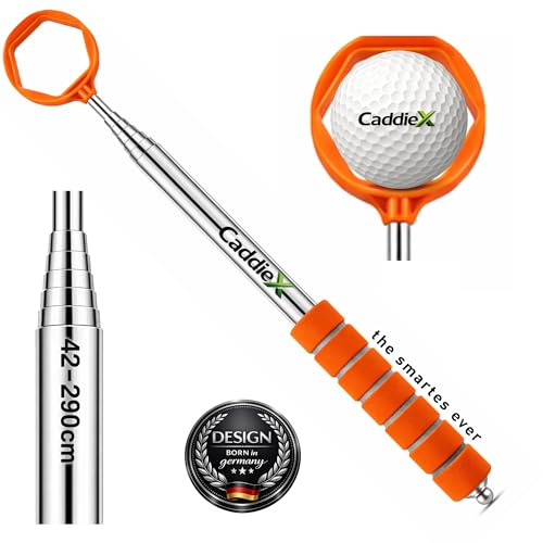 CaddieX Golf Ballrückholer Edelstahl 42–290 cm – Teleskop Golfangel mit 6-Kant Greifsystem – Ausziehbare Golfball Angel – Golf Ball Retriever – Golf Zubehör | Präzise Edelstahl - Teleskoptechnik