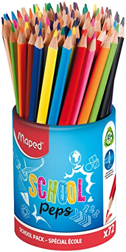 Maped - Lápices de Grafito - Colección School Peps - Bote con 72 Lapiceros de Madera con Toda la Gama Cromática - Agarre Ergonómico - Minas Resistentes - Forma Triangular