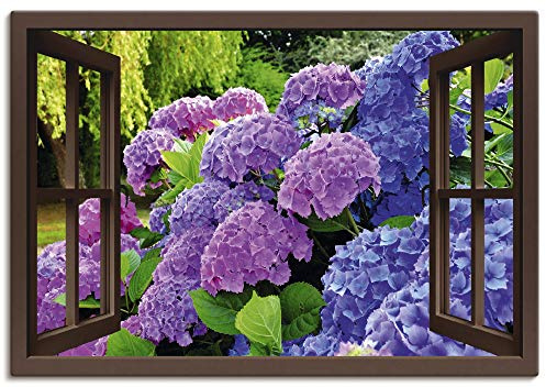 ARTLAND Wanddeko Leinwand Bilder Wandbild 130x90 cm Fensterblick Hortensien im Garten T5QA