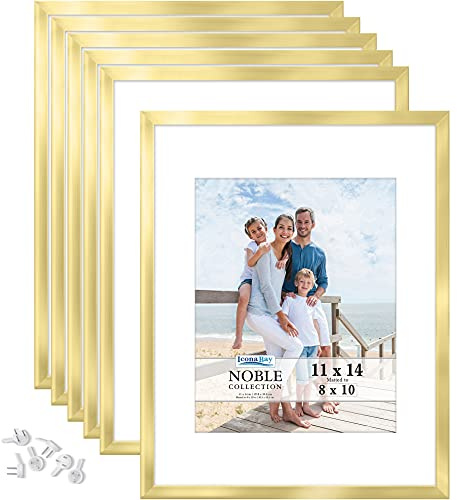 Icona Bay 11x14 Picture Frames w/Removable Mat for 8x10 Photos (Gold, 6 Pack), Modern Professional Frame Set, Wall Mount Only, Noble Collection