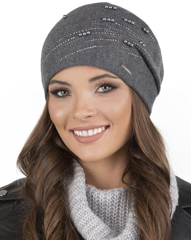 VIVISENCE Damen Mütze Strick Warm Fleece Zirkonia Perlen Elegant Winter 7012, Dunkelgrau,Einheitsgröße