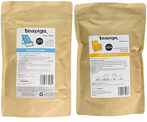 Teapigs Lemon & Ginger Herbal Loose Tea Made With Whole Leaves (1 Pack of 200g Loose Tea) & Chamomile Flowers Loose Tea Made with Whole Flowers (1 Pack of 100g)