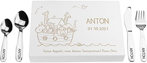 LAUBLUST Kinderbesteck mit Namensgravur - Arche Noah Gravur & Geschenkbox weiß | Besteck mit Namen - Geschenk zur Taufe für Kinder - Taufgeschenke für Jungen & Mädchen | Personalisierte Erinnerungsbox