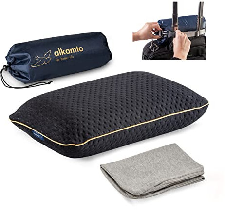 alkamto Reisekissen – Campingkissen – Ergonomisches Memory-Schaum-Kissen mit Temperaturregulierendem Bezug – Extra Baumwollbezug – Inklusive Reisetasche (40 x 25 x 10 cm - Schwarz)