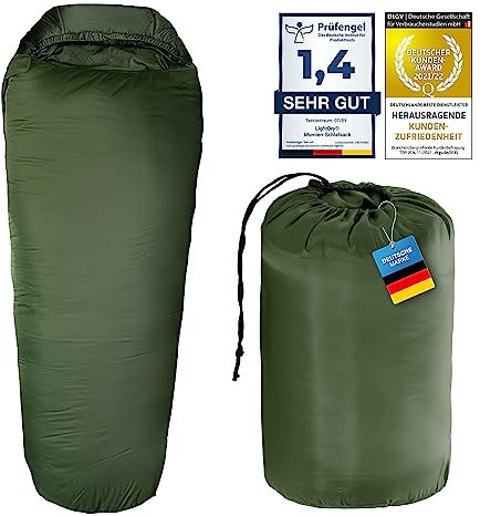 LightDry® Mumien-Schlafsack Thermo 3-Jahreszeiten High-Tech Mikrofaser Schlafsack bis -13°C; Leicht, Kompakt, Warm (Olivgrün)