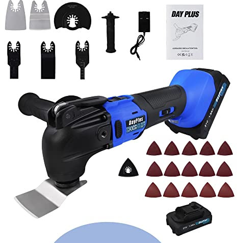 Cordless Oscillating Tool,2000 RPM Brushless Multifunction Tool with 4° Oscillating Angle Various,6 Speed,Saw Blades Sanding Papers,21V 1.5Ah Li-Ion Battery & Charger for Polishing Sanding Cutting