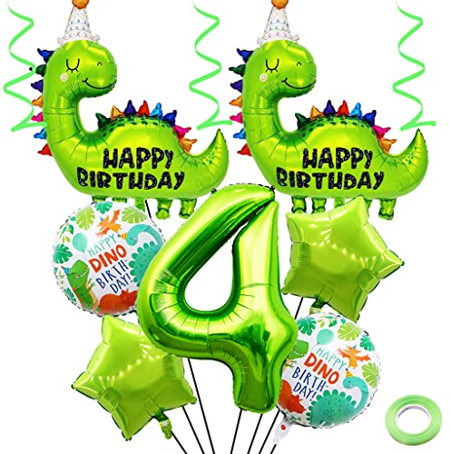 Weenkeey 4th Dinosaur Birthday Balloons Big Cute Dinosaur Aluminum Foilballoon Number 4 Mylar Balloon for Dino Themed Party Boys Girls Birthday Decor - Green