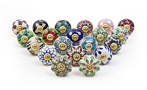 RAJRANG BRINGING RAJASTHAN TO YOU Multicolor Keramik-Schrankknöpfe Packung mit 20 Kommodenschubladen- und Möbelgriffen Handbemalte antike Boho-Schrankknöpfe