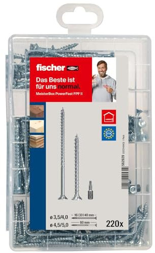 fischer Meister-Box PowerFast II Spanplattenschraube, vorsortierte Sortimentsbox mit 220 blauverzinkten Schrauben & 2 Bits, Senkkopf, TX-Antrieb, Teil- & Vollgewinde, universelles Set zur Befestigung