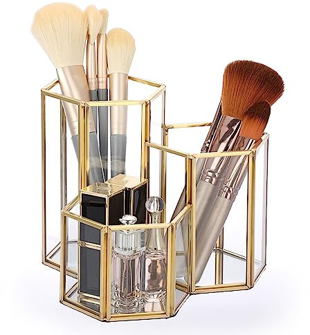 Tolida 3 Compartment Hexagon Storage Holder - Gold Edge Glass Pen Cup Holder Desktop Make Up Brush Organizer, Clear Glass Storage Display Holder