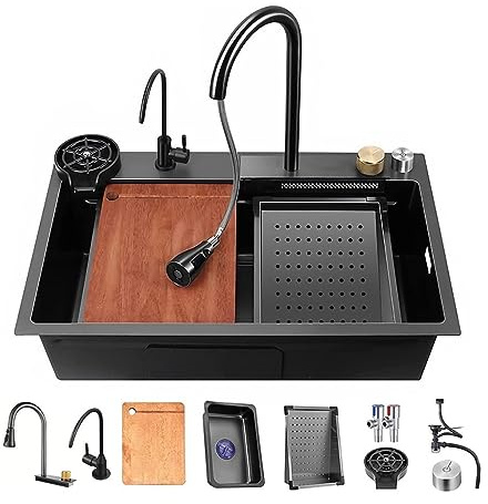 Black Waterfall Kitchen Sink, Drop in Single Bowl Stainless Steel Bar Sink with Cup Washer Sinks, Topmount Workstation Kitchen Sink with Accessories (Size : 29.5 x 17.7in)
