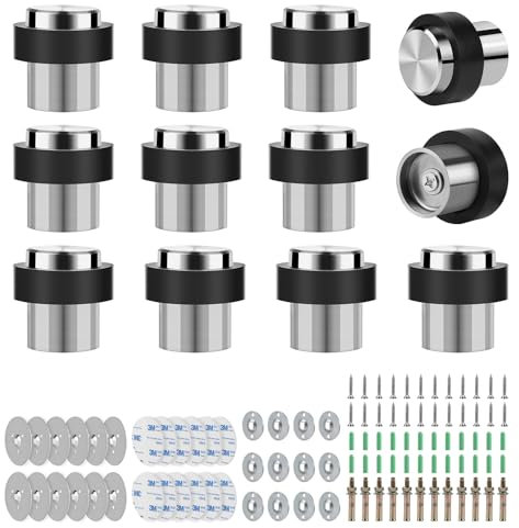 SWAWIS 12 Pièces Butoir de Porte ø 32mm Hauteur 45mm, Butoir de Porte Sol en Acier Inoxydable, Arrêts de Porte de Plancher, avec Vis et Colle 3M, 3 Méthodes D'installation