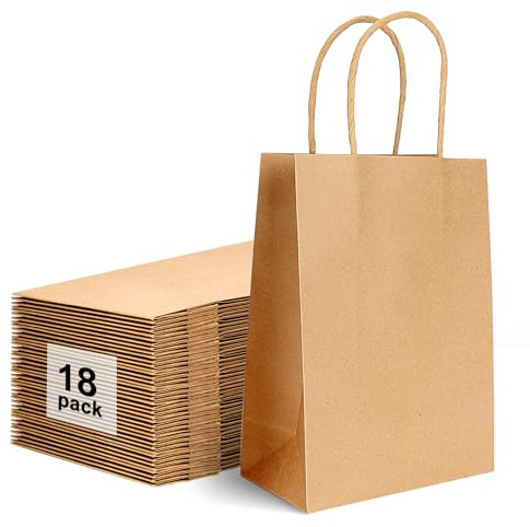 GOTFUN Lot de 18 sacs en papier kraft résistants de 130 g/m² avec poignées pour mariage, Noël, anniversaire | Emballage écologique pour courses et fêtes - 21 x 15 x 8 cm