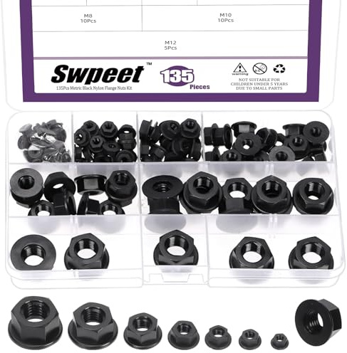 Swpeet Juego de 135 tuercas métricas de brida de nailon negro, 7 tamaños, M3, M4, M5, M6, M8, M10, M12, tuercas métricas de cierre de plástico, tuercas hexagonales para uso en el hogar, tienda de