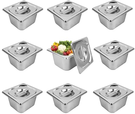 BUWUSMU 9 Set Stainless Steel Hotel Pans with Lids, 1/6 Size 4 In Deep Steam Table Pan Stainless Food Storage Containers Stackable Metal Steamer Pan for Kitchen Restaurant Party Buffet Event Catering