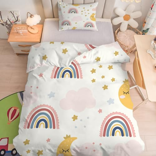 Linfye Parure de lit pour Enfant et BéBé étoiles Étoile Housse de Couette 100x135 cm Bebe et Taie d'oreiller 40x60 cm, Lune Jaune Réversible Ensemble de Literie Linge de Lit pour Tout-Petits