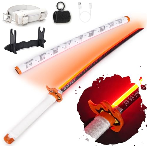 RENGENG - Spada Rengoku illuminata, 101 cm, in plastica, ricaricabile, con cintura e supporto, spada anime con texture originale