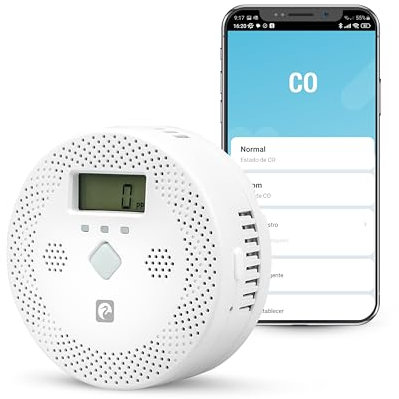 Garza Smart - Detector de Mónoxido de Carbono CO WiFi Inteligente con Notificaciones en Tiempo Real por App, Alarma Sonora de 70 db, Señal indicador LED y Pantalla LCD, Instalación de Pared.