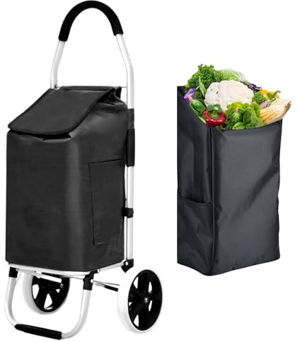 43.5Liter Aluminium Trolley Einkaufstrolley Klappbar, Shopping Trolley, Wasserabweisender Einkaufswagen Faltbar, Einkaufstasche mit 2 Rädern, Einkaufskorb mit Rollen, Groß - Schwarz