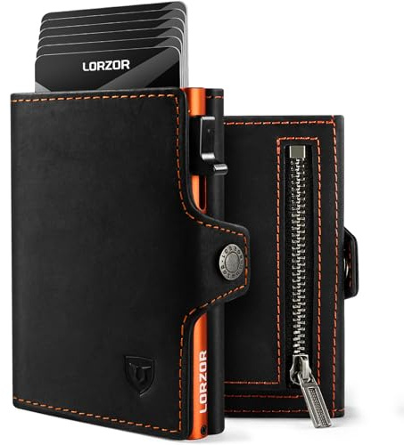 LORZOR® Slim Wallet mit Münzfach, Geldbörse aus Echtem Leder für Herren, RFID Blocker Portemonnaie, Kartenetui, Geldbeutel für 10 Karten, Smart Wallet (Schwarz Orange)