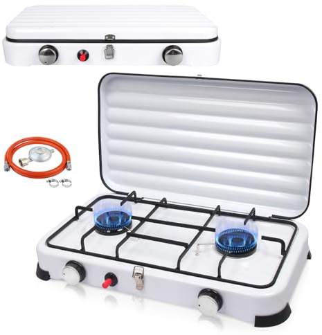 Tragbarer LPG Gaskocher Campingkocher mit 2 Flammen, 2,2KW Leistung, Deckel, Auto-Zündung, Schlauch & Gasdruckregler 50mbar. Ideal für Outdoor-Aktivitäten, Weiß