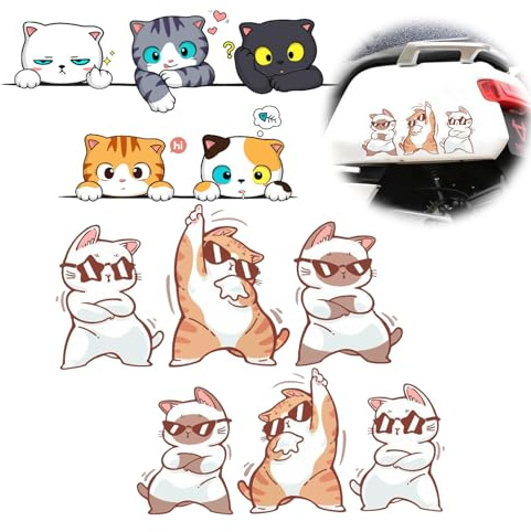 Autocollant Chat,Mengger 11 Mignon Autocollant Voiture,Motif Chat Amusant Imperméable Réfléchissant,Graffiti Chaton de Dessin Animé Autocollants Humour en Vinyle pour Voitures Motos Mur