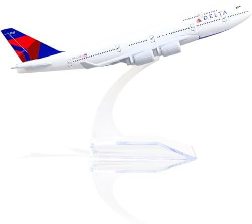 QIYUMOKE 1/400 747 Formgjuten metallflygplansmodell med för Delta Airlines stativ Airlines-Boeing 747 modellflygplan legering display samlingsmodell byggsats för flygentusiaster som gåva