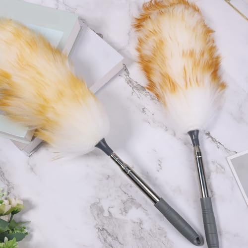 2Pcs Extendable Lambswool Duster with Stainless Steel Extension Pole up to 130cm, Natural Long Fluffy Feather Duster Anti-Static Cleaning Dusters for Home Office Ceiling Fan Furniture