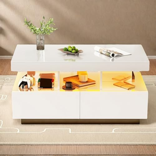Poeahu Table Basse Rectangulaire, Table Basse Moderne avec 2 Tiroirs de Rangement et Éclairage LED, 104x53x46 cm, Haute Brillance Moderne, avec Étagères Ouvertes, Blanc