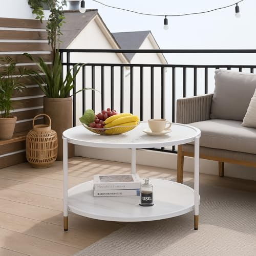 GOKHOMX Runder Couchtisch Glas mit Stauraum, Couchtisch weiß Glastisch Wohnzimmertisch Rund mit Kunstmarmor-Ablage und Metallrahmen Modern Kaffeetisch Glas für Wohnzimmer Lounge Balkon, 70 × 70 cm