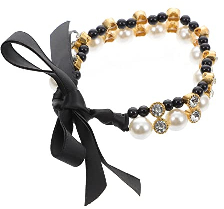 Abaodam Pet Collar Decorative Dog Collar Satin Pearl Bow Tie Pet Necklace Black m for Cats and Dogs Party Accessories