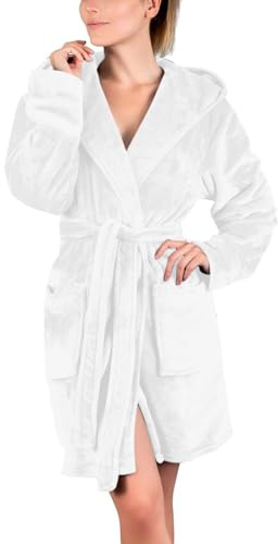 WAZHAKU Peignoir court en tissu éponge pour femme - Avec capuche - Chaud - Manches longues - Moelleux - Confortable - Léger - Couleur unie - Automne - Hiver - Peignoir en polaire avec poches
