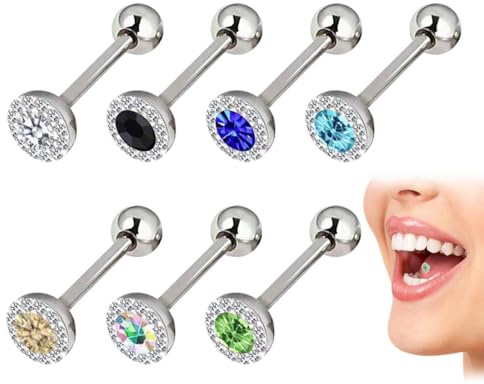 UIEXAY 7 Pezzi Piercing per Lingua con Diamanti, Barra Dritta 16mm, Set di Gioielli per Piercing Corpo in Acciaio Inossidabile e Zirconi 7mm, Colori Multipli, per Collezionisti e Appassionati di Moda